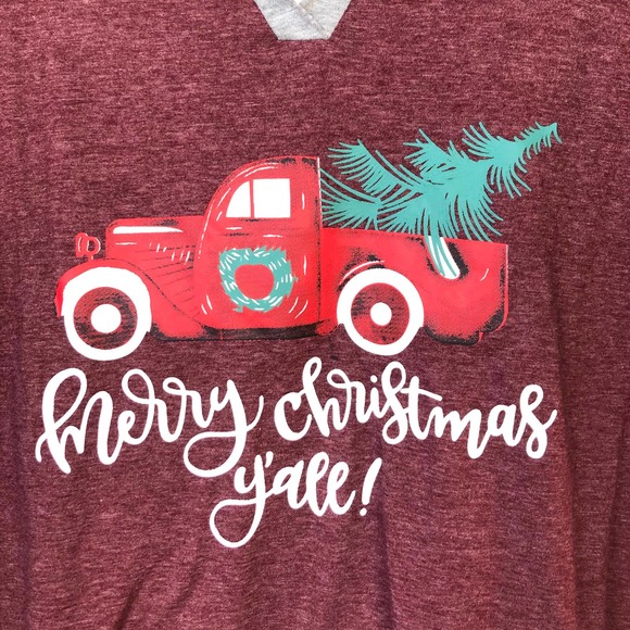 Locryz Long Sleeve Raglan Merry Christmas Y'all T-Shirt Maroon Gray Medium - Picture 2 of 4